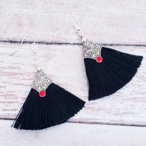 Bohemian Capped Glistening 925 Sterling Silver Jet Black Tassel Fan Earrings